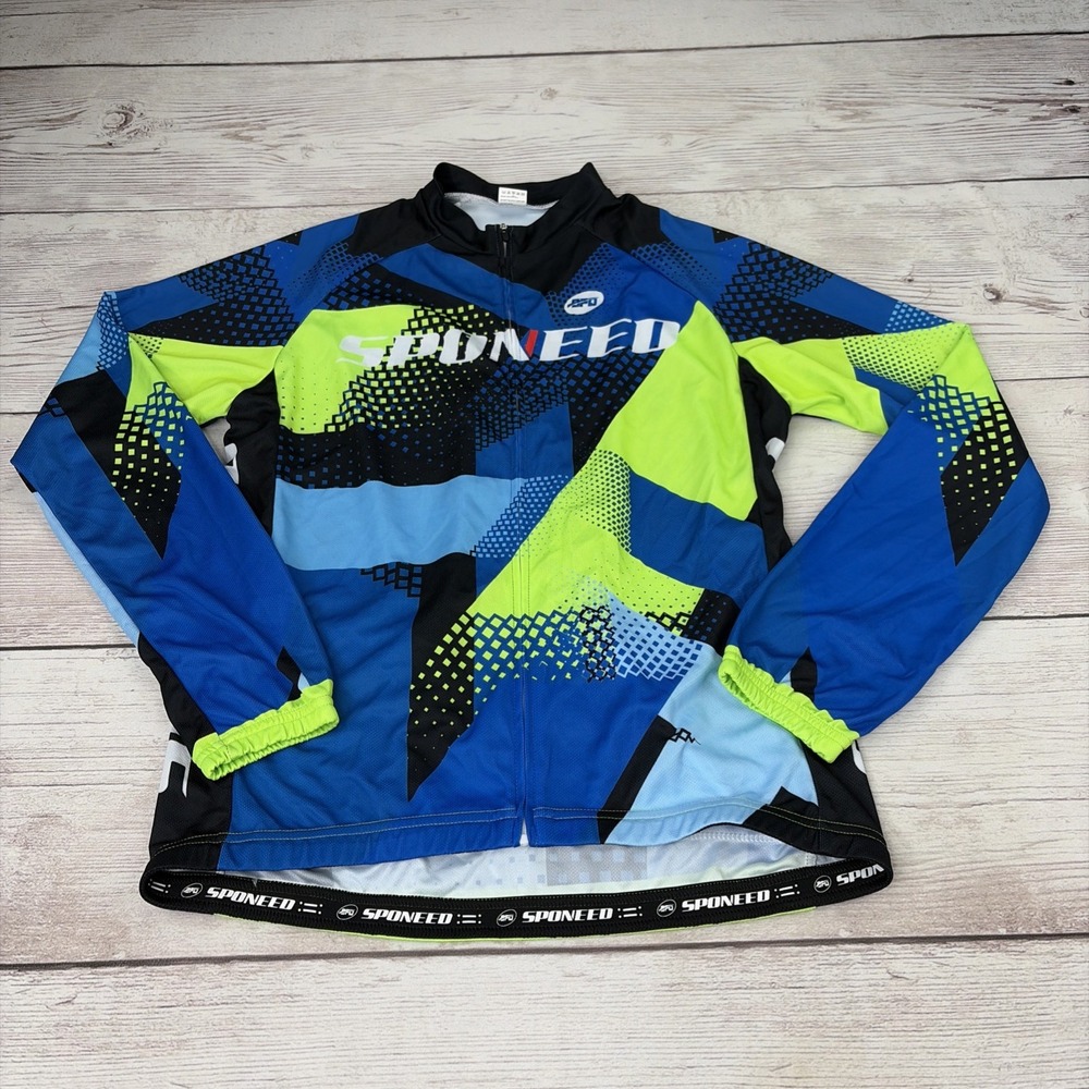 Sponeed Men's Medium Cycling Jersey Long Sleeve Full Zip Neon Green Blue EXC